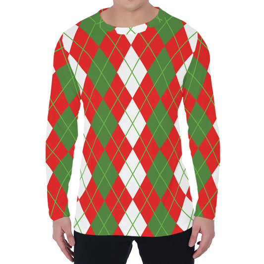 White Green And Red Argyle Pattern Print Men's Long Sleeve T-Shirt