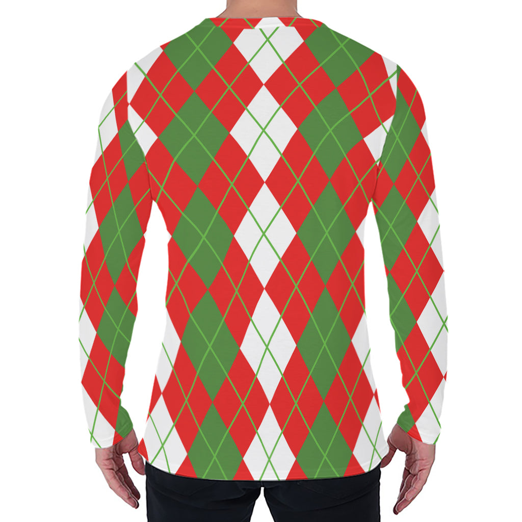 White Green And Red Argyle Pattern Print Men's Long Sleeve T-Shirt