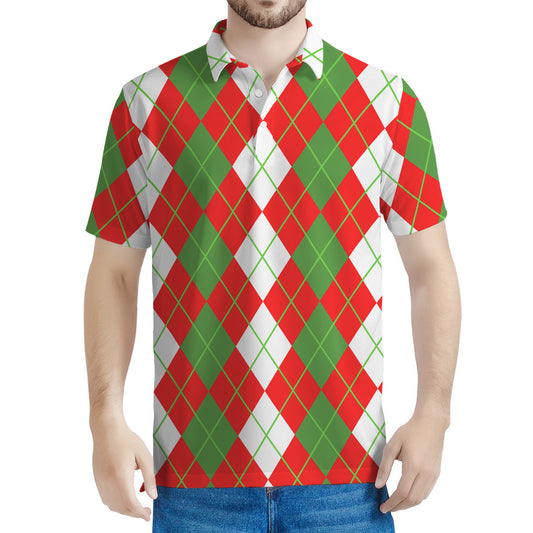 White Green And Red Argyle Pattern Print Men's Polo Shirt
