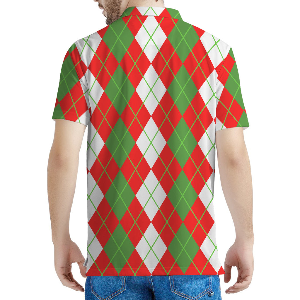White Green And Red Argyle Pattern Print Men's Polo Shirt