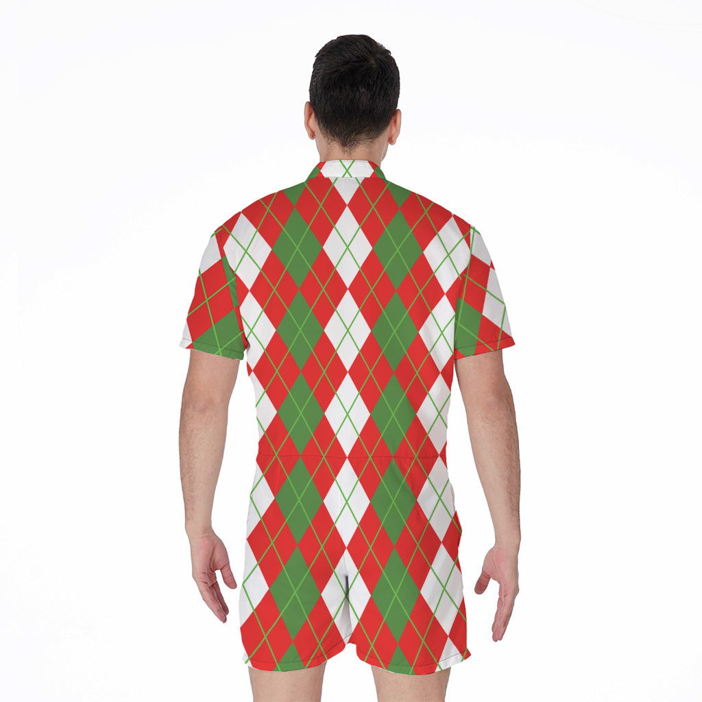 White Green And Red Argyle Pattern Print Men's Rompers