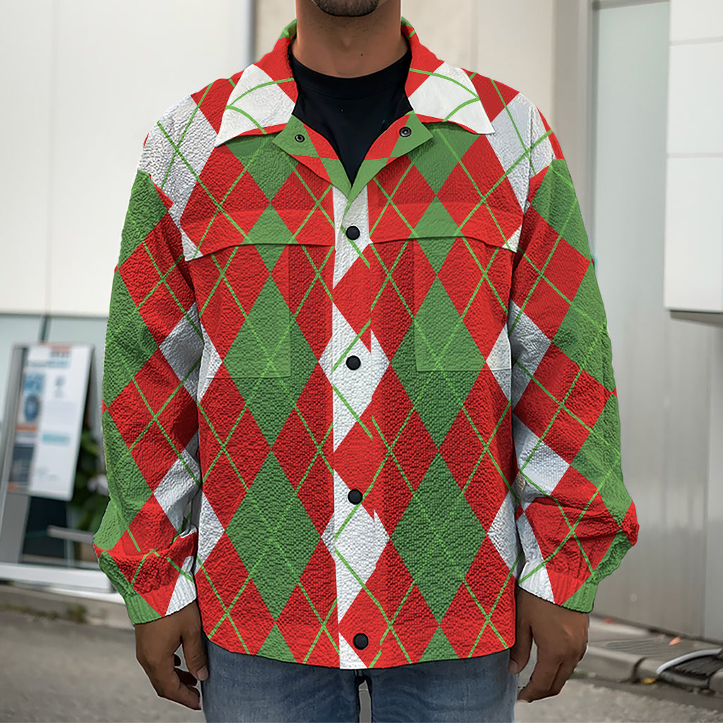 White Green And Red Argyle Pattern Print Men's Shirt Jacket