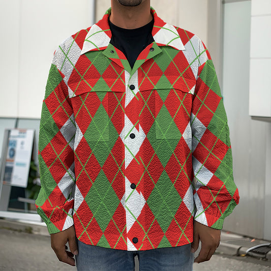 White Green And Red Argyle Pattern Print Men's Shirt Jacket