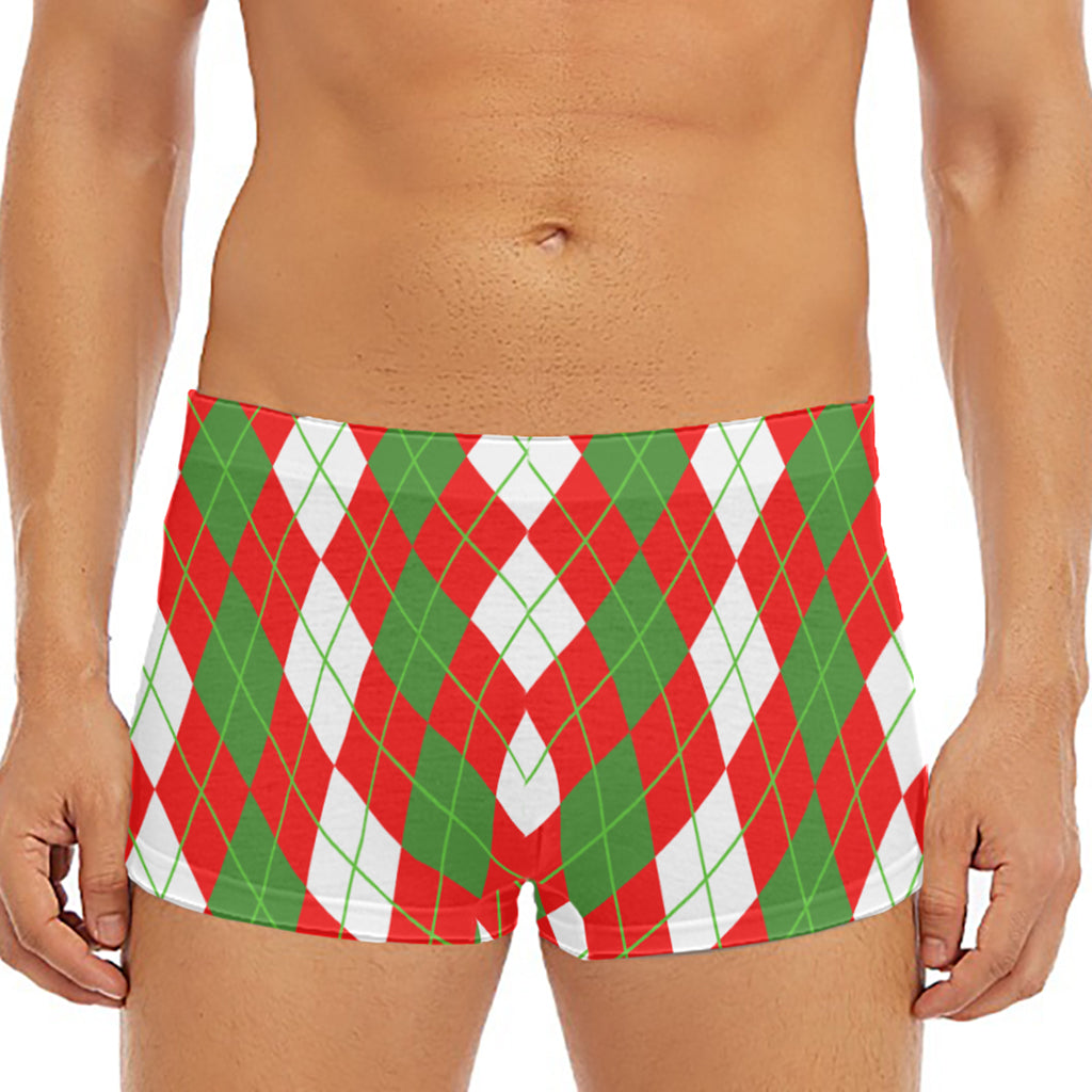 White Green And Red Argyle Pattern Print Men's Short Boxer Briefs