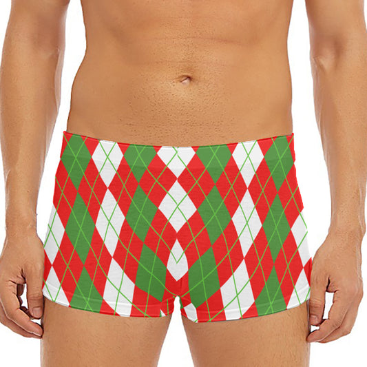 White Green And Red Argyle Pattern Print Men's Short Boxer Briefs
