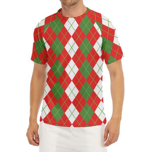 White Green And Red Argyle Pattern Print Men's Short Sleeve Rash Guard