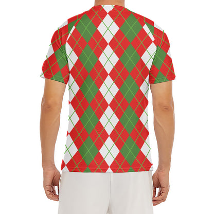 White Green And Red Argyle Pattern Print Men's Short Sleeve Rash Guard
