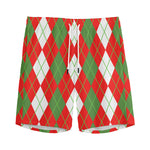 White Green And Red Argyle Pattern Print Men's Sports Shorts