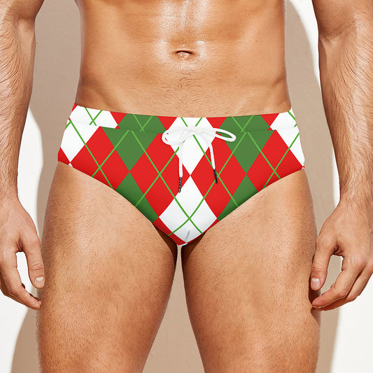 White Green And Red Argyle Pattern Print Men's Swim Briefs