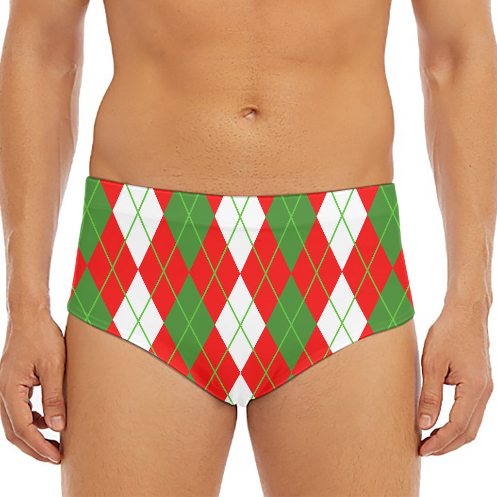White Green And Red Argyle Pattern Print Men's Triangle Swim Briefs