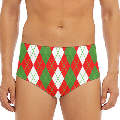 White Green And Red Argyle Pattern Print Men's Triangle Swim Briefs