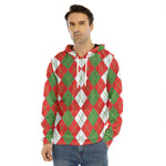 White Green And Red Argyle Pattern Print Men's Velvet Pullover Hoodie