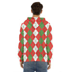 White Green And Red Argyle Pattern Print Men's Velvet Pullover Hoodie