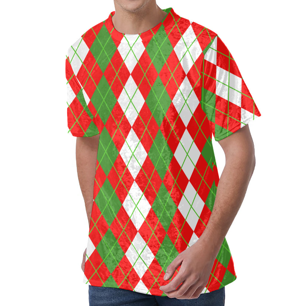 White Green And Red Argyle Pattern Print Men's Velvet T-Shirt