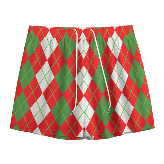 White Green And Red Argyle Pattern Print Mesh Shorts