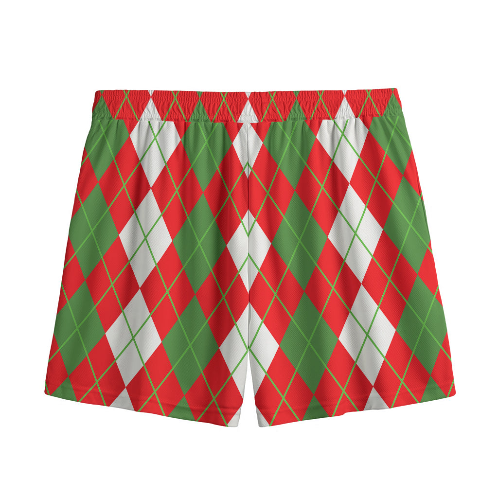 White Green And Red Argyle Pattern Print Mesh Shorts