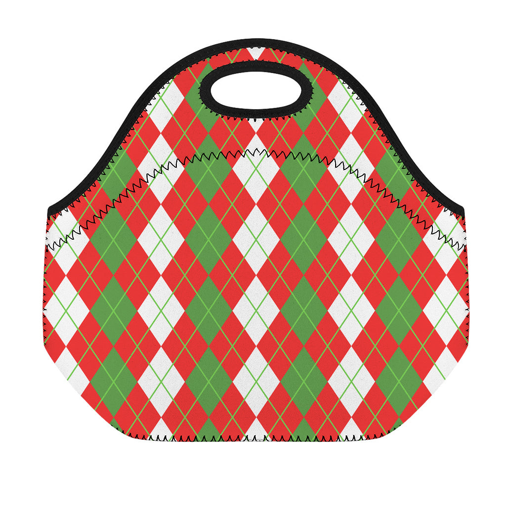 White Green And Red Argyle Pattern Print Neoprene Lunch Bag