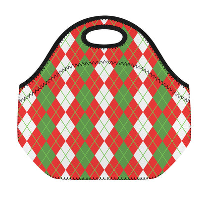 White Green And Red Argyle Pattern Print Neoprene Lunch Bag