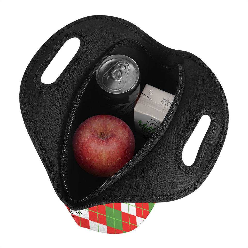 White Green And Red Argyle Pattern Print Neoprene Lunch Bag