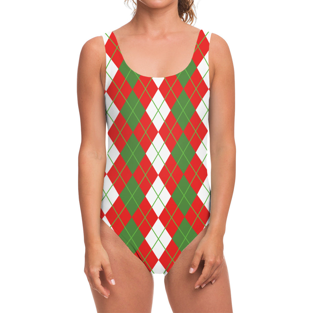 White Green And Red Argyle Pattern Print One Piece Swimsuit