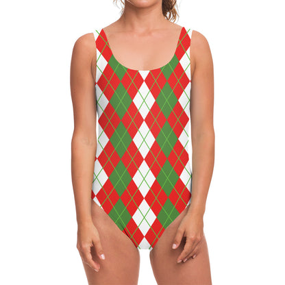 White Green And Red Argyle Pattern Print One Piece Swimsuit