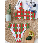 White Green And Red Argyle Pattern Print One Shoulder Bikini Top