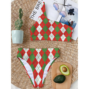 White Green And Red Argyle Pattern Print One Shoulder Bikini Top