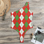 White Green And Red Argyle Pattern Print One Shoulder Bodysuit