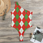 White Green And Red Argyle Pattern Print One Shoulder Bodysuit