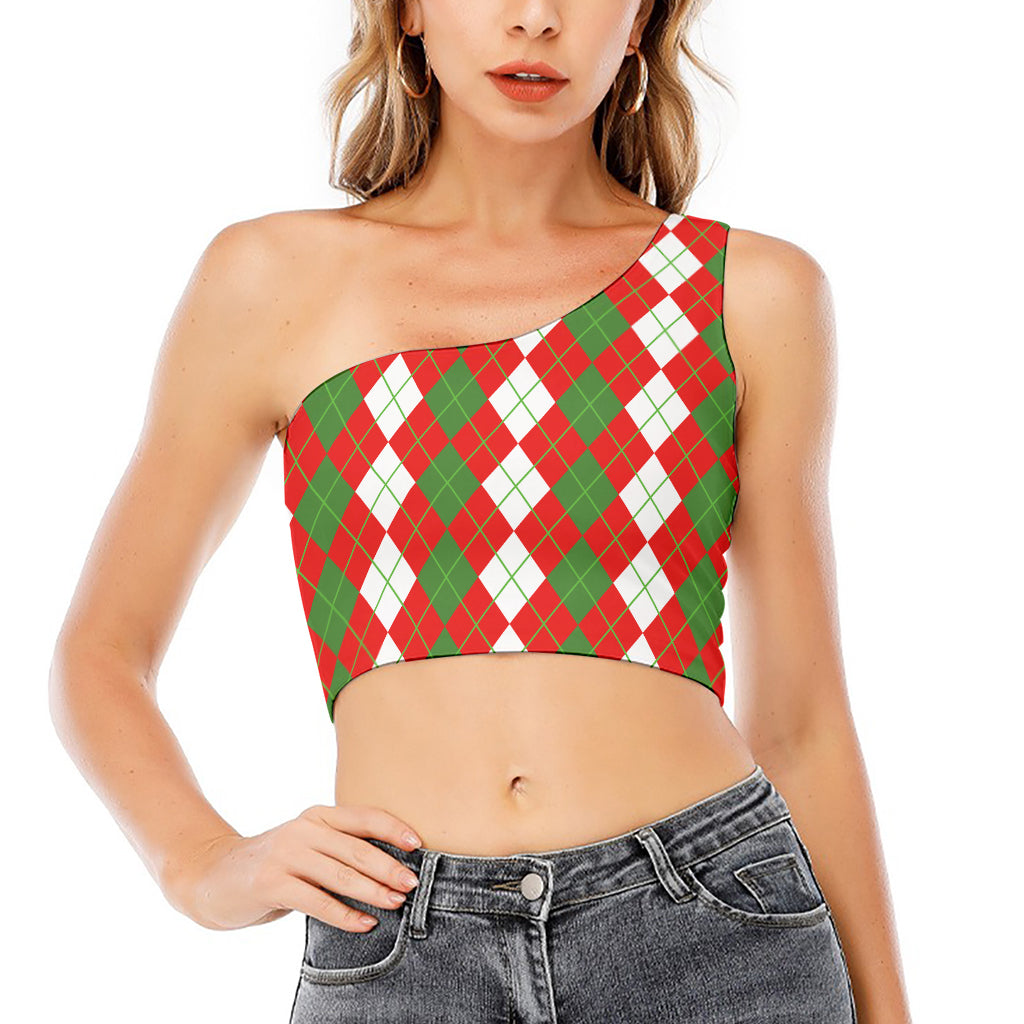White Green And Red Argyle Pattern Print One Shoulder Crop Top