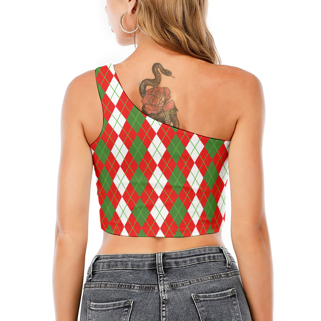 White Green And Red Argyle Pattern Print One Shoulder Crop Top