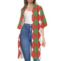 White Green And Red Argyle Pattern Print Open Front Beach Cover Up