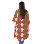 White Green And Red Argyle Pattern Print Open Front Beach Cover Up