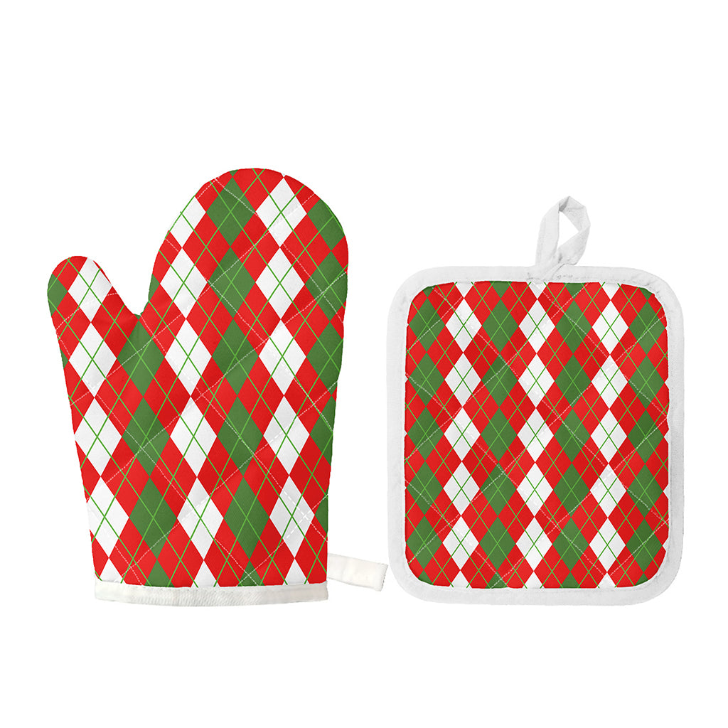 White Green And Red Argyle Pattern Print Oven Mitt And Pot Holder Set