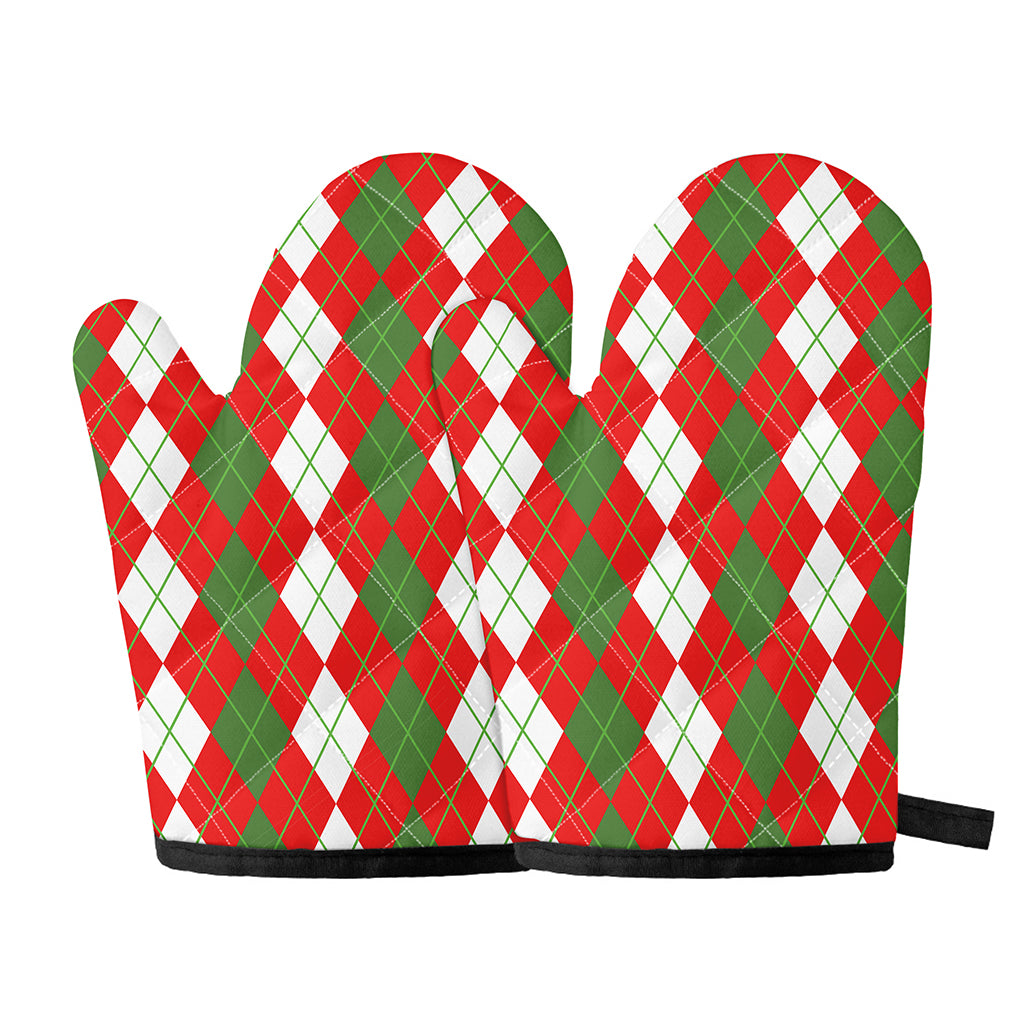 White Green And Red Argyle Pattern Print Oven Mitts