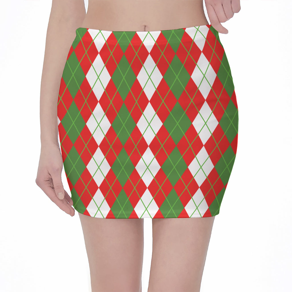 White Green And Red Argyle Pattern Print Pencil Mini Skirt