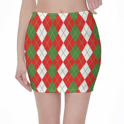 White Green And Red Argyle Pattern Print Pencil Mini Skirt
