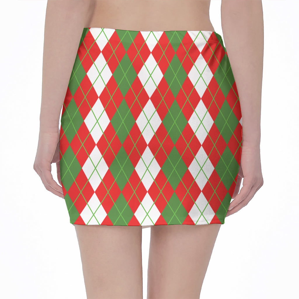 White Green And Red Argyle Pattern Print Pencil Mini Skirt