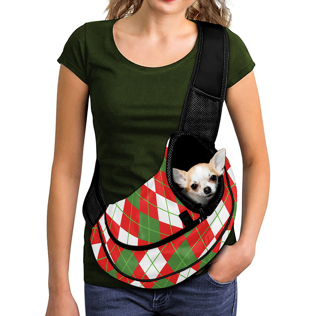 White Green And Red Argyle Pattern Print Pet Sling Carrier