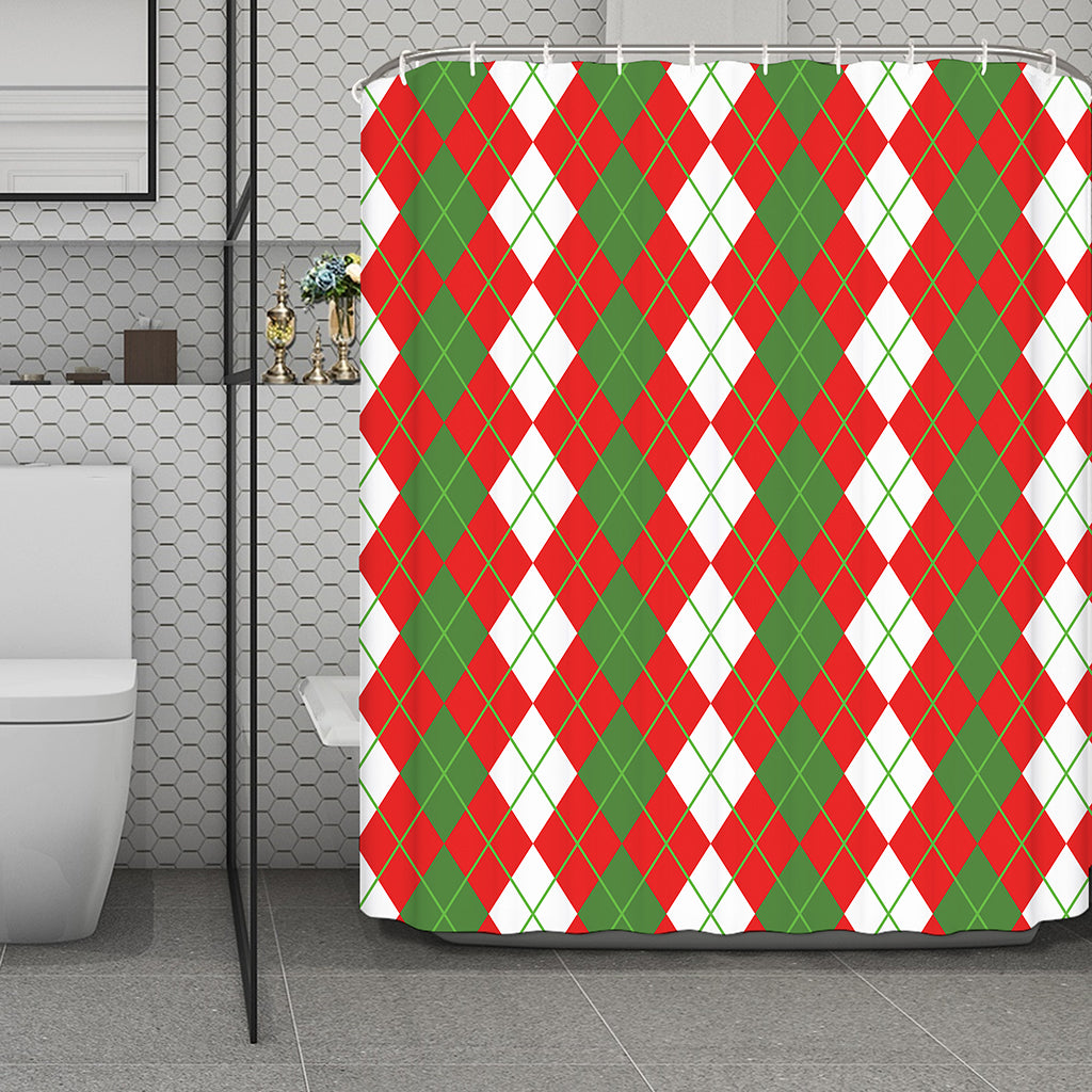 White Green And Red Argyle Pattern Print Polyester Shower Curtain