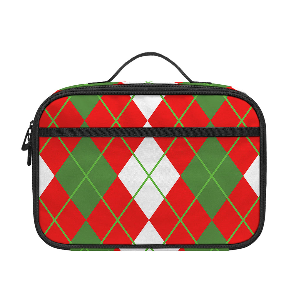 White Green And Red Argyle Pattern Print Portable Lunch Bag