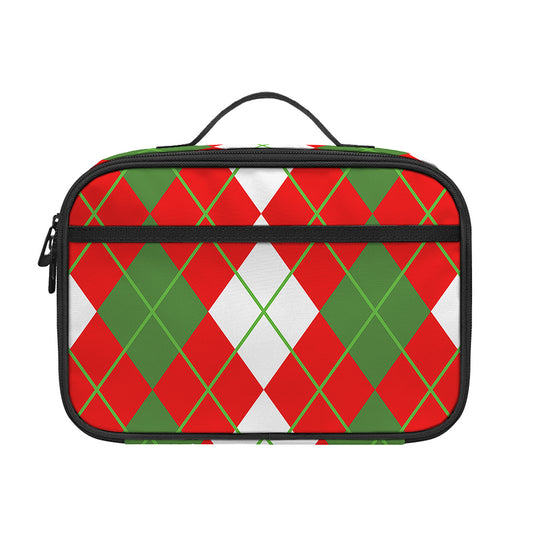 White Green And Red Argyle Pattern Print Portable Lunch Bag