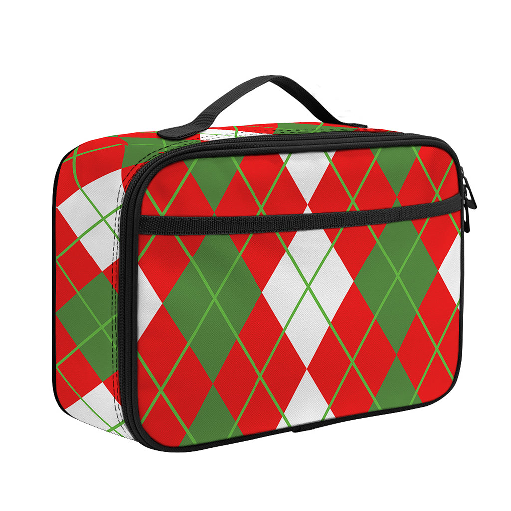 White Green And Red Argyle Pattern Print Portable Lunch Bag