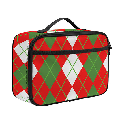 White Green And Red Argyle Pattern Print Portable Lunch Bag