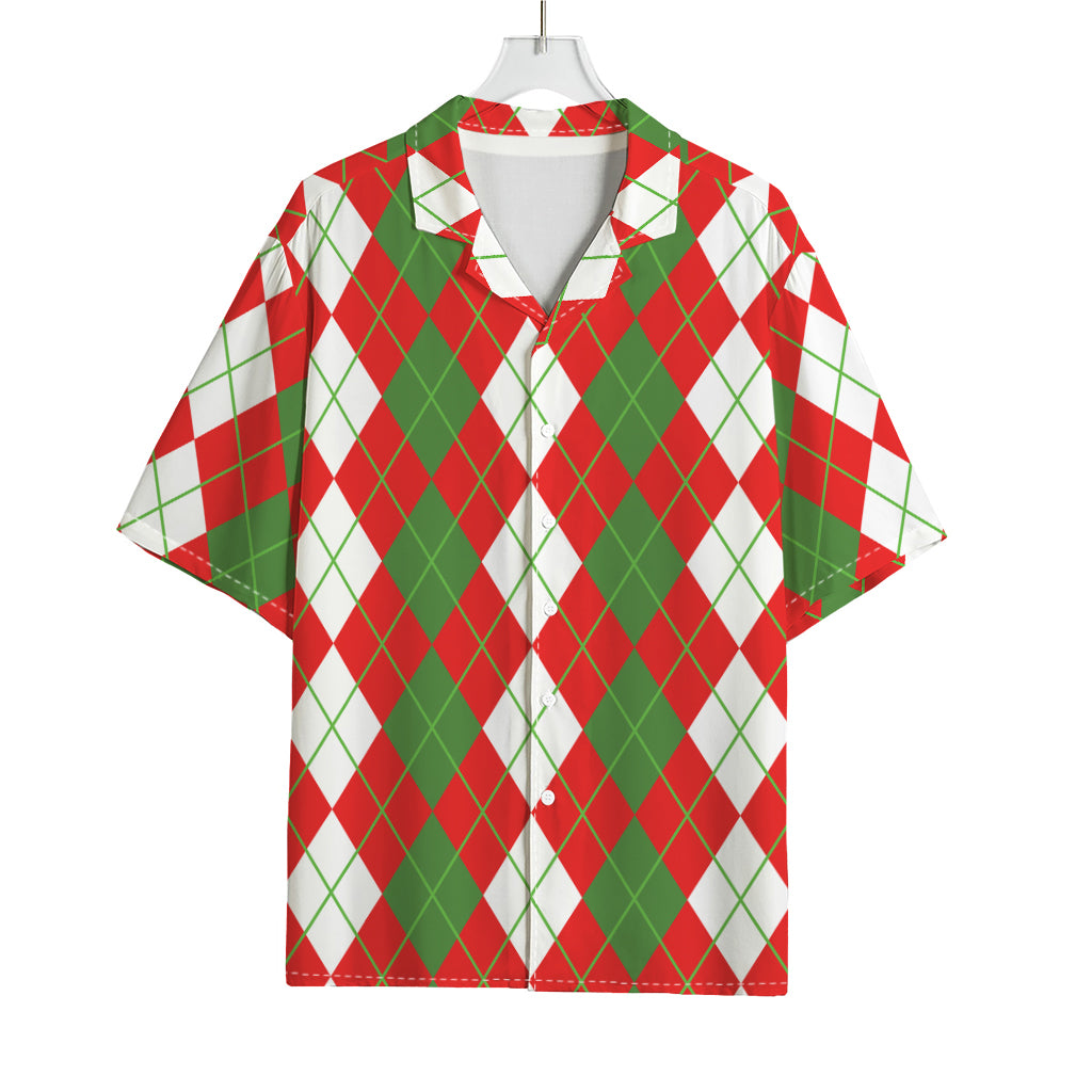 White Green And Red Argyle Pattern Print Rayon Hawaiian Shirt