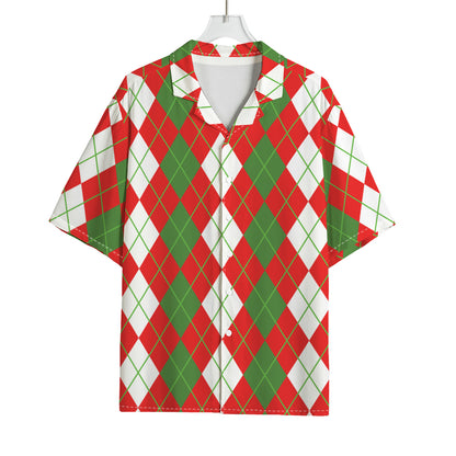 White Green And Red Argyle Pattern Print Rayon Hawaiian Shirt