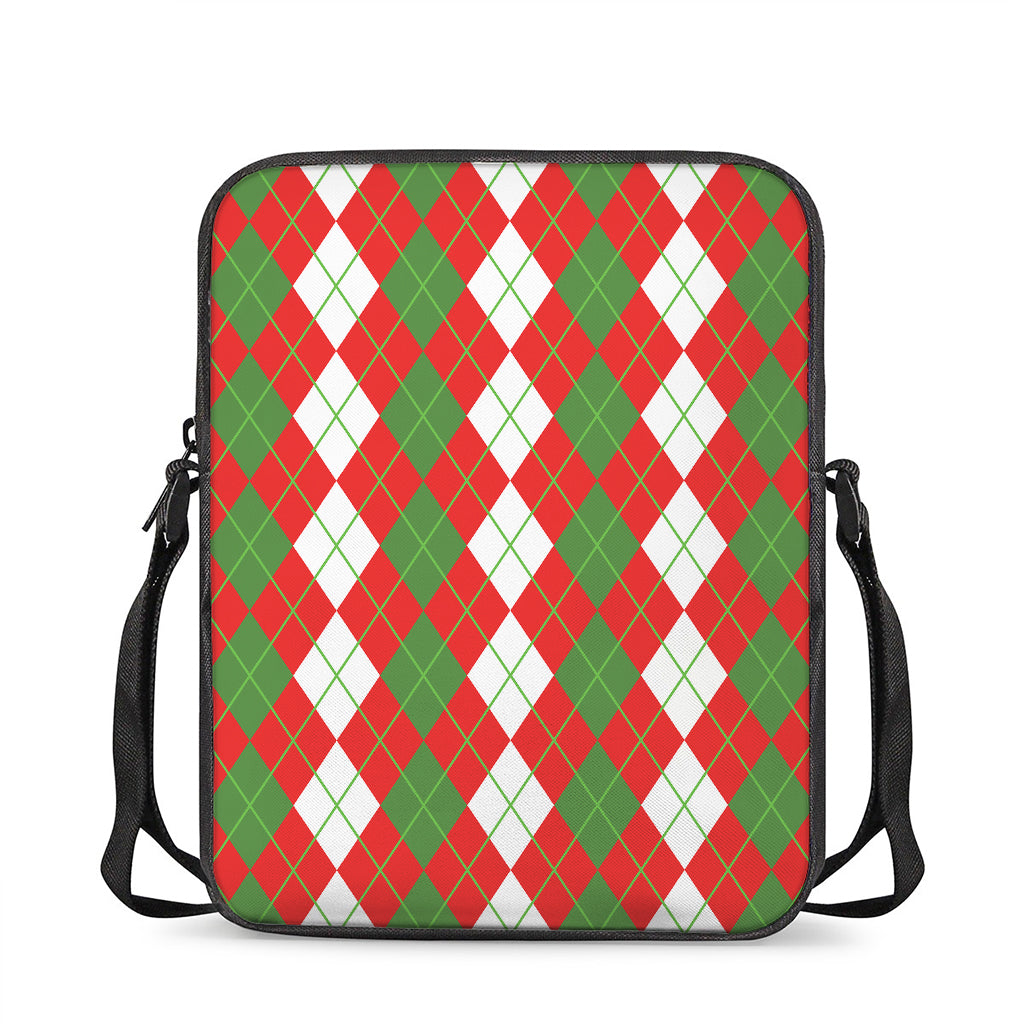 White Green And Red Argyle Pattern Print Rectangular Crossbody Bag