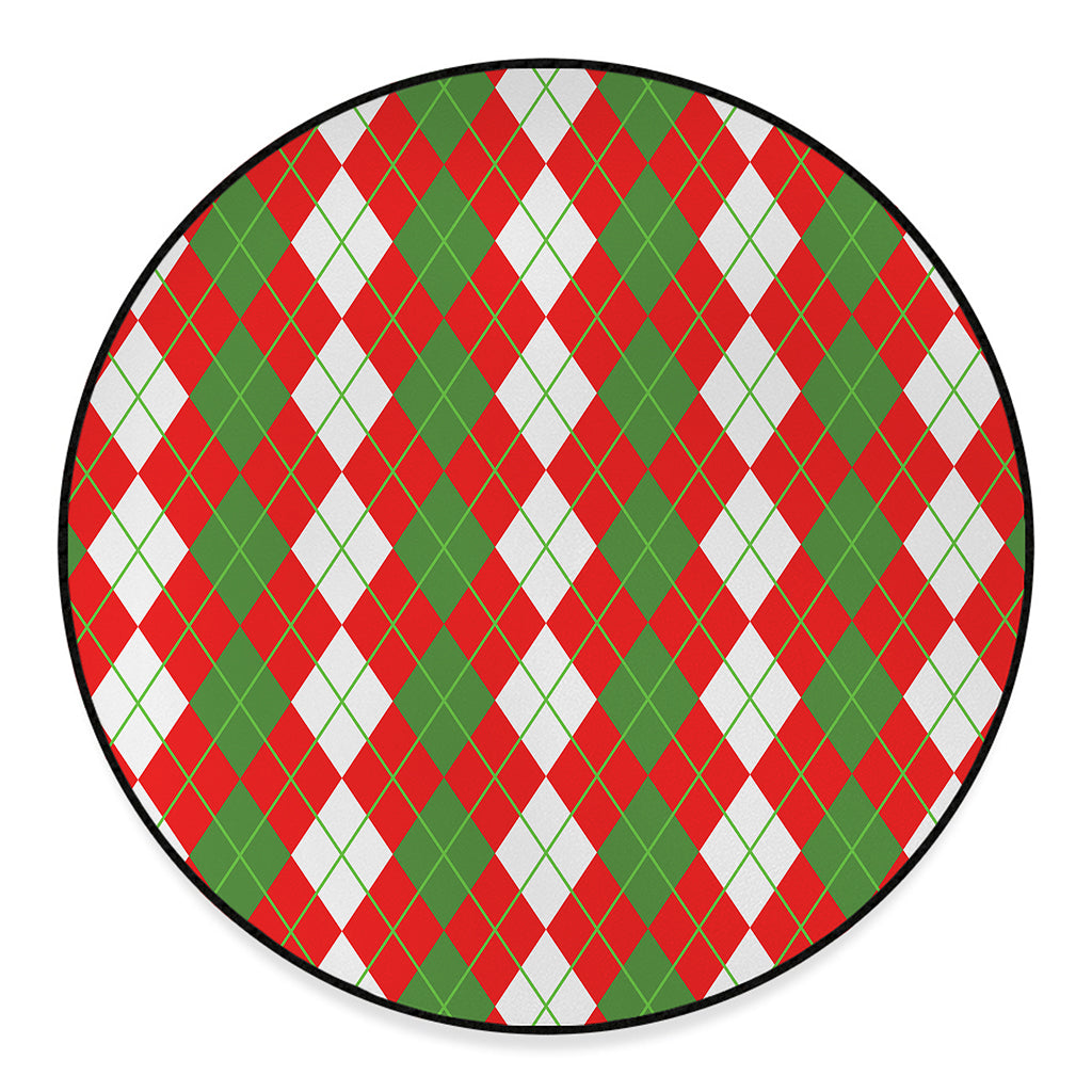 White Green And Red Argyle Pattern Print Round Floor Mat