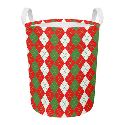 White Green And Red Argyle Pattern Print Round Laundry Basket