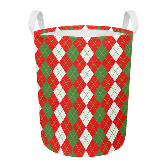 White Green And Red Argyle Pattern Print Round Laundry Basket